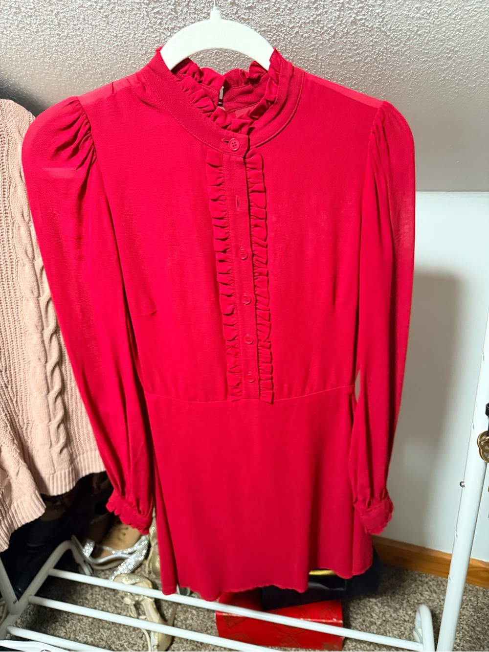 Reformation Red Ruffle-Front Long Sleeve Dress, Size 0